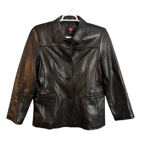 Gallery Petite Black Genuine Leather Blazer Jacket Women Size PM